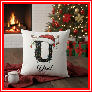 Monogram Family Christmas Antlers Santa Hat  Throw Pillow