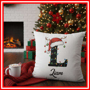 Monogram Family Christmas Antlers Santa Hat Throw Pillow