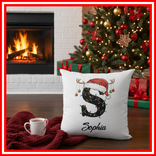 Monogram Family Christmas Antlers Santa Hat  Throw Pillow