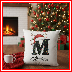 Monogram Family Christmas Antlers Santa Hat  Throw Pillow