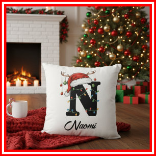 Monogram Family Christmas Antlers Santa Hat Throw Pillow