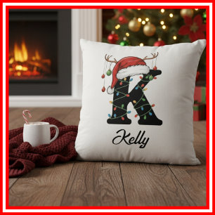 Monogram Family Christmas Antlers Santa Hat Throw Pillow