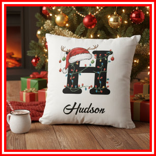 Monogram Family Christmas Antlers Santa Hat  Throw Pillow