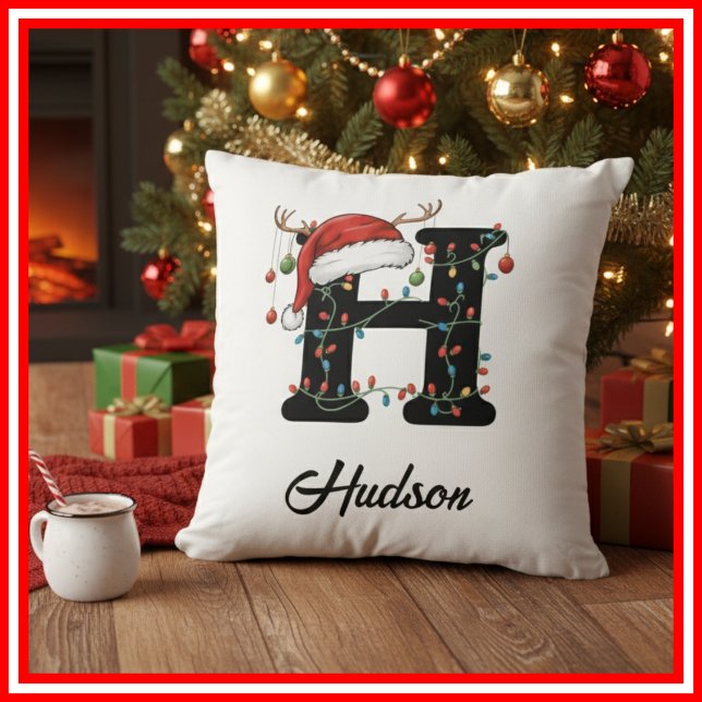 Monogram Family Christmas Antlers Santa Hat  Throw Pillow (Creator Uploaded)