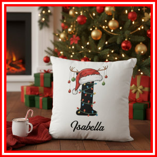 Monogram Family Christmas Antlers Santa Hat  Throw Pillow
