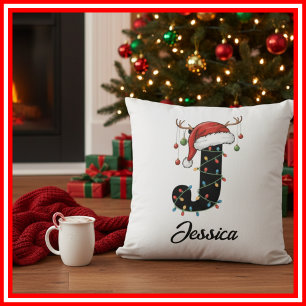 Monogram Family Christmas Antlers Santa Hat  Throw Pillow
