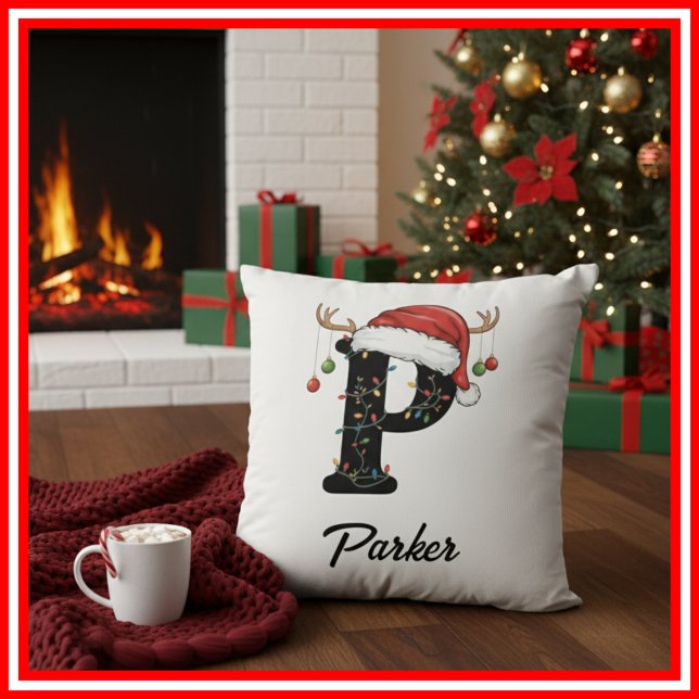 Monogram Family Christmas Antlers Santa Hat  Throw Pillow (Creator Uploaded)