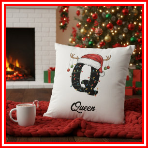 Monogram Family Christmas Antlers Santa Hat  Throw Pillow