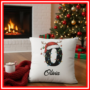 Monogram Family Christmas Antlers Santa Hat  Throw Pillow