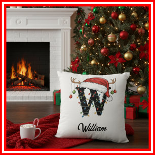 Monogram Family Christmas Antlers Santa Hat  Throw Pillow