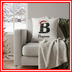 Monogram Family Christmas Antlers Santa Hat  Throw Pillow