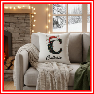 Monogram Family Christmas Antlers Santa Hat  Throw Pillow