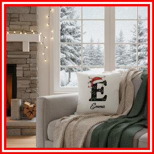 Monogram Family Christmas Antlers Santa Hat  Throw Pillow