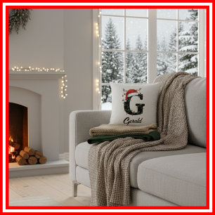 Monogram Family Christmas Antlers Santa Hat  Throw Pillow