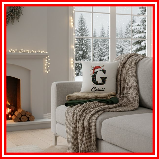 Monogram Family Christmas Antlers Santa Hat  Throw Pillow (Creator Uploaded)