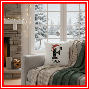 Monogram Family Christmas Antlers Santa Hat  Throw Pillow