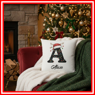Monogram Family Christmas Antlers Santa Hat  Throw Pillow