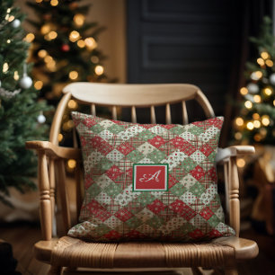 Monogram family Christmas patchwork Green Red Throw Pillow