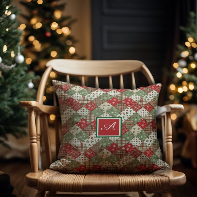 Monogram family Christmas patchwork Green Red  Throw Pillow (Creator Uploaded)