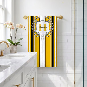 Monogram Family Crest Name Yellow Black Stripe Bath Towel