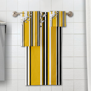 Monogram Family Crest Name Yellow Black Stripe Bath Towel Set