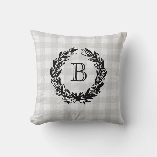Monogram Family Crest Wreath Grey Check Throw Pillow (Front)