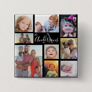 Monogram Family Eight Photo Customized   2 Inch Square Button