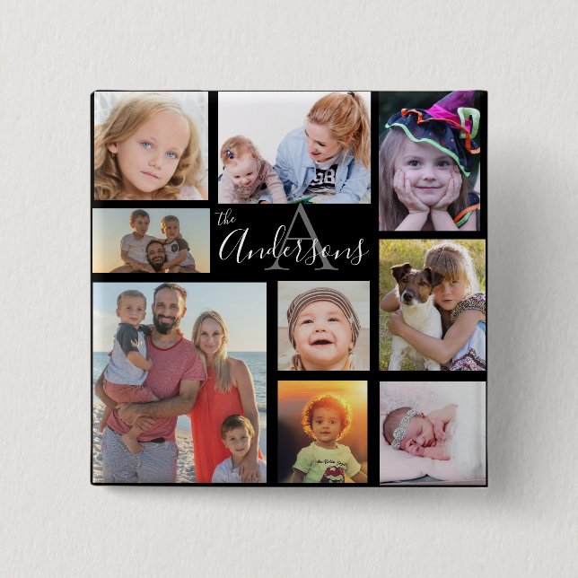Monogram Family Eight Photo Customized   2 Inch Square Button (Front)
