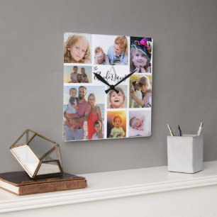 Monogram Family Eight Photo Customized   Square Wall Clock