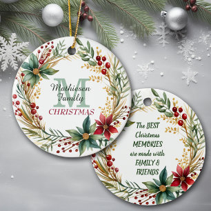 Monogram Family Memories Christmas Wreath Ceramic Ornament