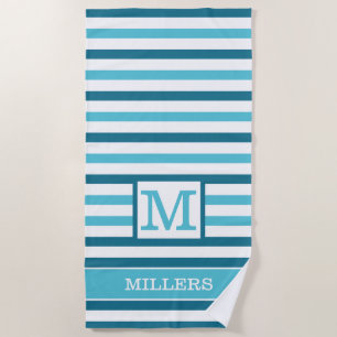 Monogram Family Name Aqua Blue And White Striped   Beach Towel