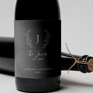 Monogram family name black and white template wine label