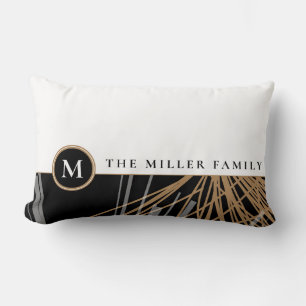 Monogram Family Name   Black White & Gold Ribbons Lumbar Pillow
