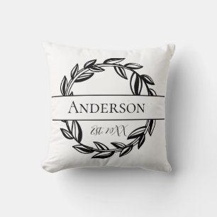 Monogram Family Name Black White Leaf  Throw Pillow