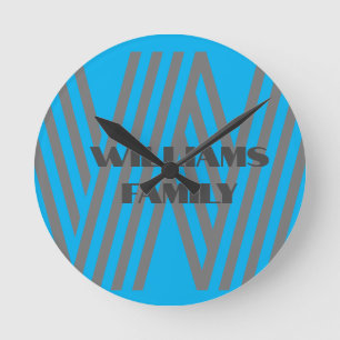 Monogram family name blue gray modern Wall Clock