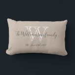 Monogram   Family Name Chic Script Keepsake Gift   Lumbar Pillow<br><div class="desc">Monogram Family Name Chic Script Keepsake Gift Beige Lumbar Pillow. Click personalize this template to customize it with the monogram last name initial, family's last name, and marriage date quickly and easily. Makes a unique beautiful gift for newlyweds. Lovely for their new life together or for your home. Monogram Family...</div>