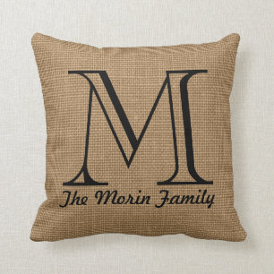 Monogram Family Name Faux Burlap Throw Pillow