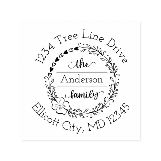 Monogram Family Name Floral Heart Wreath Self-inking Stamp (Design)