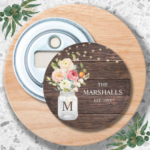 Monogram Family Name Floral Mason Jar Rustic Bottle Opener