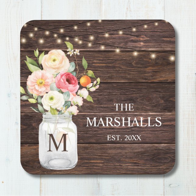 Monogram Family Name Floral Mason Jar Rustic Coaster (Creator Uploaded)