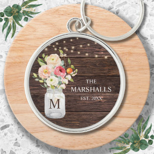 Monogram Family Name Floral Mason Jar Rustic Keychain