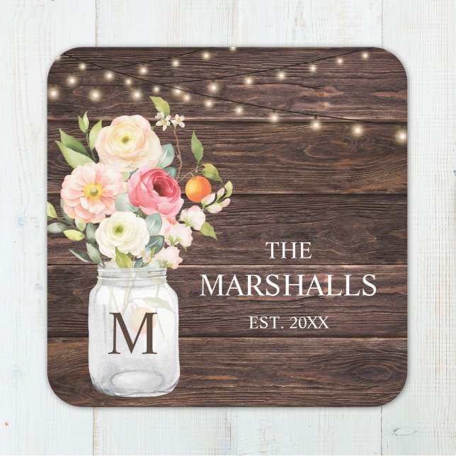 Monogram Family Name Floral Mason Jar Rustic Square Paper Coaster (Creator Uploaded)