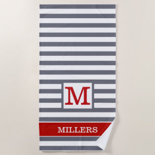 Monogram Family Name Gray Red White Cabana Stripe Beach Towel