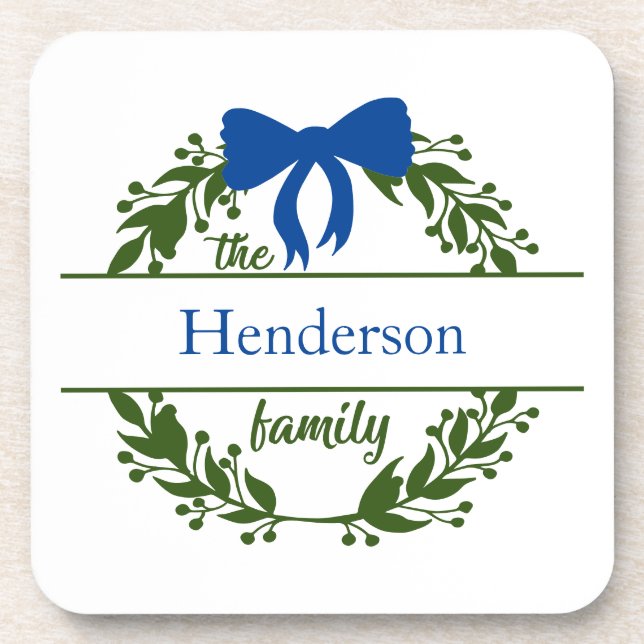 Monogram Family Name Green Wreath Blue Bow Coaster (Front)