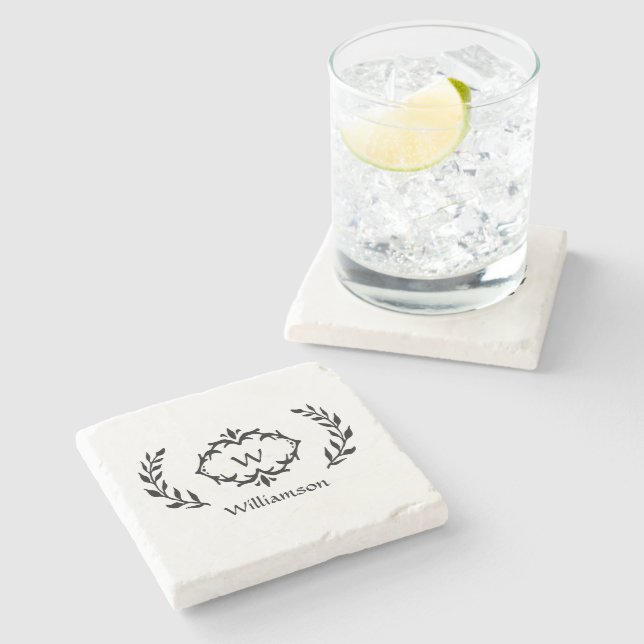 Monogram Family Name Laurel Wreath Crest Black Stone Coaster (Side)