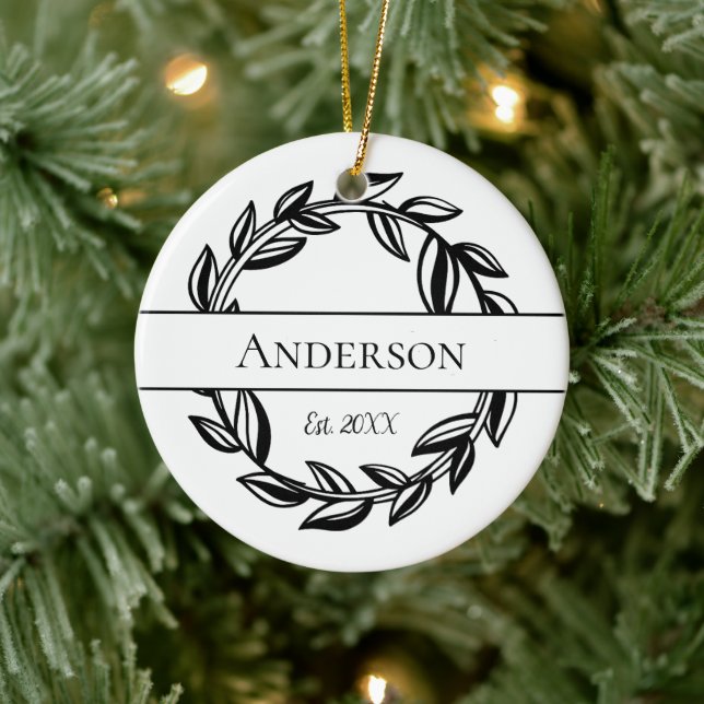 Monogram Family name Leaf Wreath Christmas Ceramic Ornament (Tree)