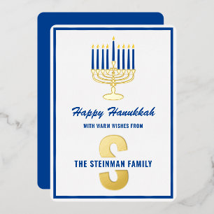 Monogram Family Name Menorah Candle Happy Hanukkah Foil Holiday Card