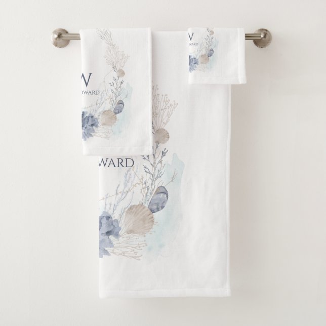Monogram Family Name Ocean Coral Beach Lake House Bath Towel Set (Insitu)