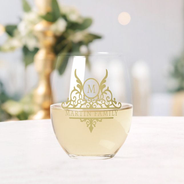 Monogram Family Name Ornate Personalized Stemless Wine Glass (Insitu (Wedding))