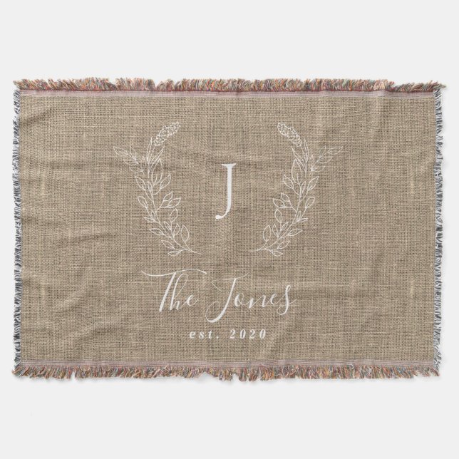 Monogram family name personalized rustic jute throw blanket (Front)